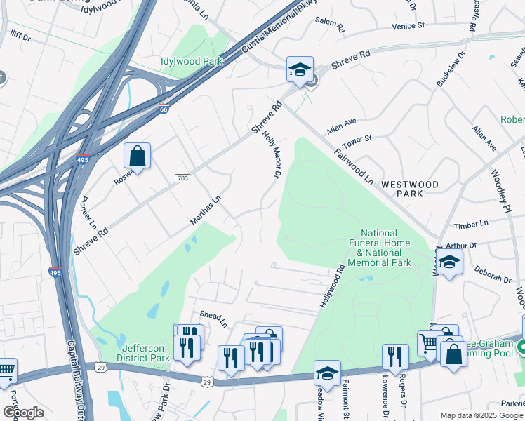map of restaurants, bars, coffee shops, grocery stores, and more near 2593 Holly Manor Drive in Falls Church