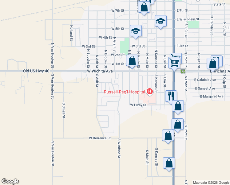 map of restaurants, bars, coffee shops, grocery stores, and more near 100 South Grant Street in Russell