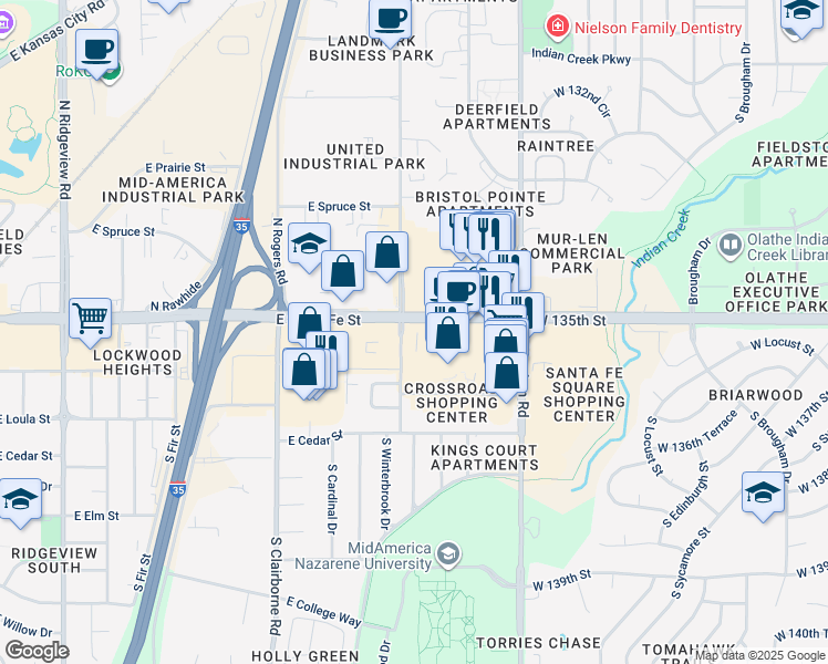 map of restaurants, bars, coffee shops, grocery stores, and more near 2003 East Santa Fe Street in Olathe