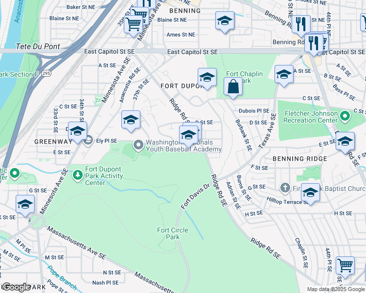 map of restaurants, bars, coffee shops, grocery stores, and more near 3720 Ely Place Southeast in Washington