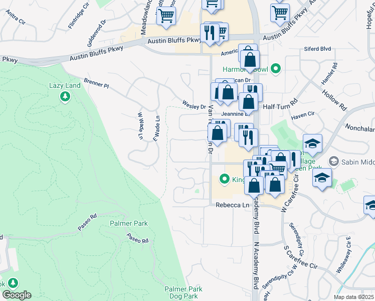 map of restaurants, bars, coffee shops, grocery stores, and more near 3502 Van Teylingen Drive in Colorado Springs