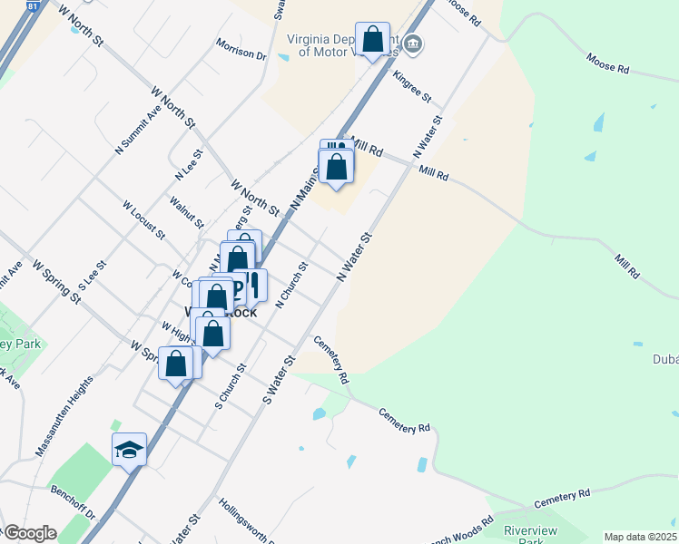 map of restaurants, bars, coffee shops, grocery stores, and more near 303 North Water Street in Woodstock