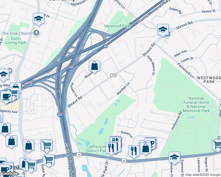 map of restaurants, bars, coffee shops, grocery stores, and more near 2624 Kirklyn Street in Falls Church