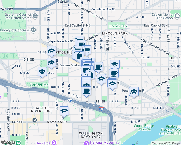 map of restaurants, bars, coffee shops, grocery stores, and more near 414 8th Street Southeast in Washington