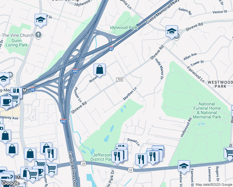 map of restaurants, bars, coffee shops, grocery stores, and more near 2624 Kirklyn Street in Falls Church