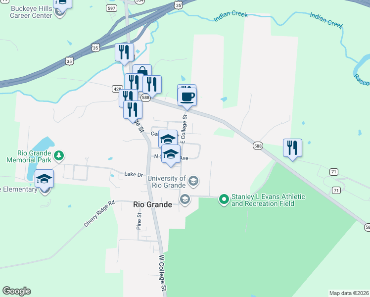 map of restaurants, bars, coffee shops, grocery stores, and more near 205 North College Avenue in Rio Grande