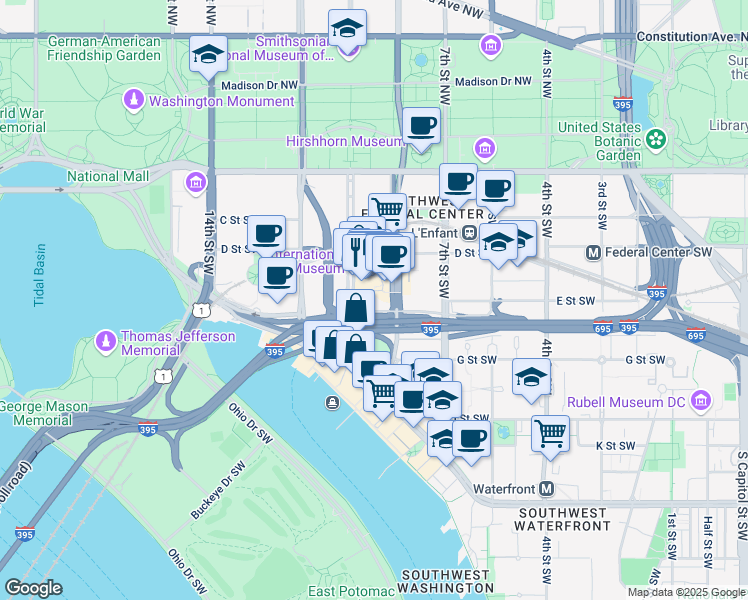 map of restaurants, bars, coffee shops, grocery stores, and more near 101 Independence Avenue Southeast in Washington