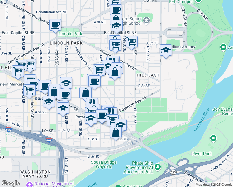 map of restaurants, bars, coffee shops, grocery stores, and more near 101 Independence Avenue Southeast in Washington