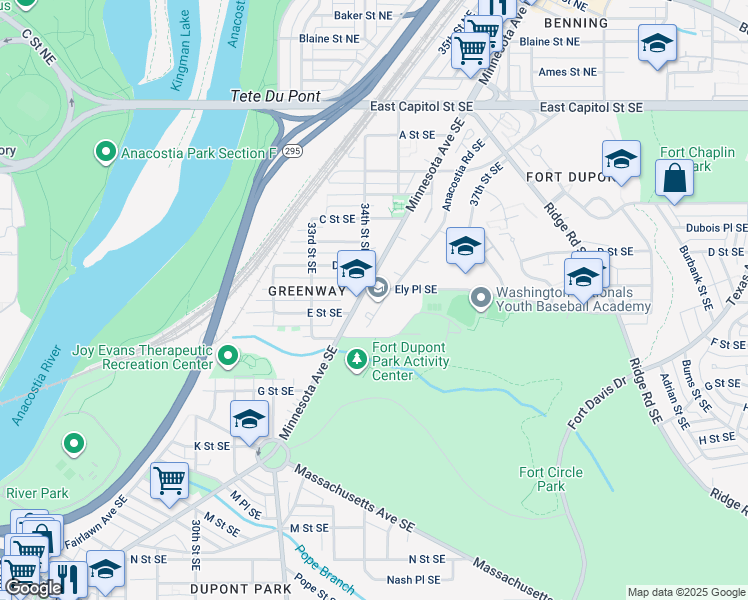 map of restaurants, bars, coffee shops, grocery stores, and more near 3375 Minnesota Avenue Southeast in Washington