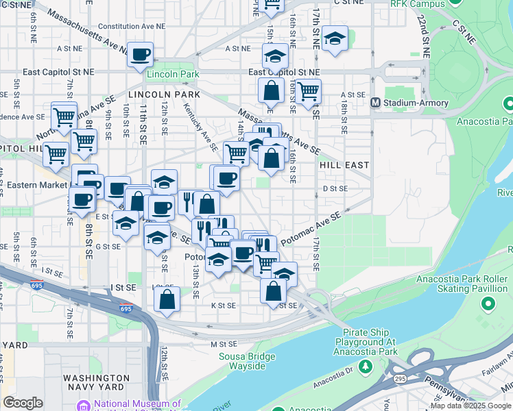 map of restaurants, bars, coffee shops, grocery stores, and more near 440 Kentucky Avenue Southeast in Washington