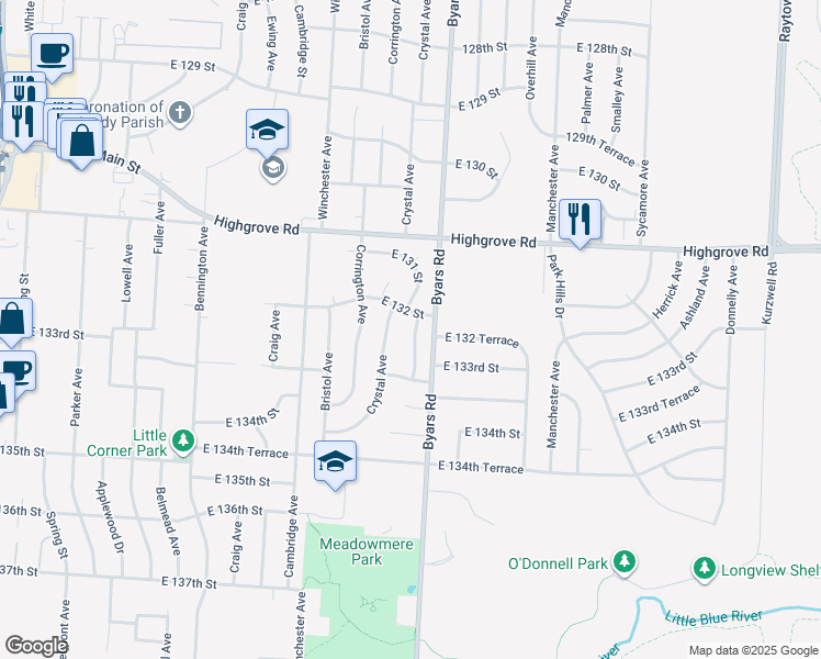 map of restaurants, bars, coffee shops, grocery stores, and more near 13207 Crystal Avenue in Grandview