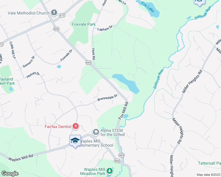 map of restaurants, bars, coffee shops, grocery stores, and more near 3274 Fox Mill Road in Oakton
