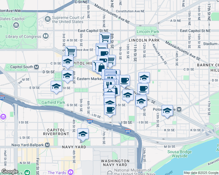 map of restaurants, bars, coffee shops, grocery stores, and more near 101 Independence Avenue Southeast in Washington