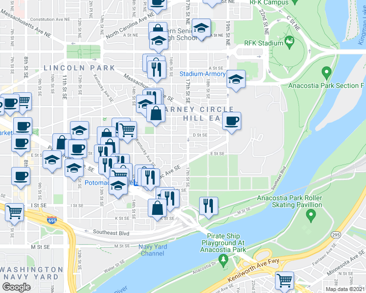map of restaurants, bars, coffee shops, grocery stores, and more near 101 Independence Avenue Southeast in Washington