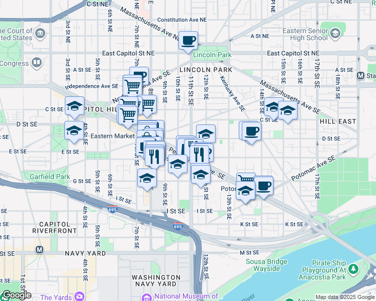 map of restaurants, bars, coffee shops, grocery stores, and more near 101 Independence Avenue Southeast in Washington