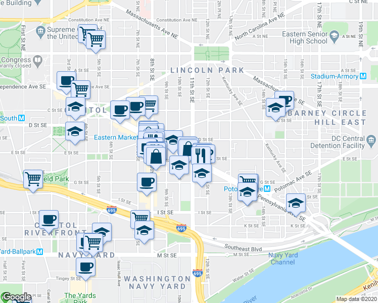 map of restaurants, bars, coffee shops, grocery stores, and more near 1020 Pennsylvania Avenue Southeast in Washington