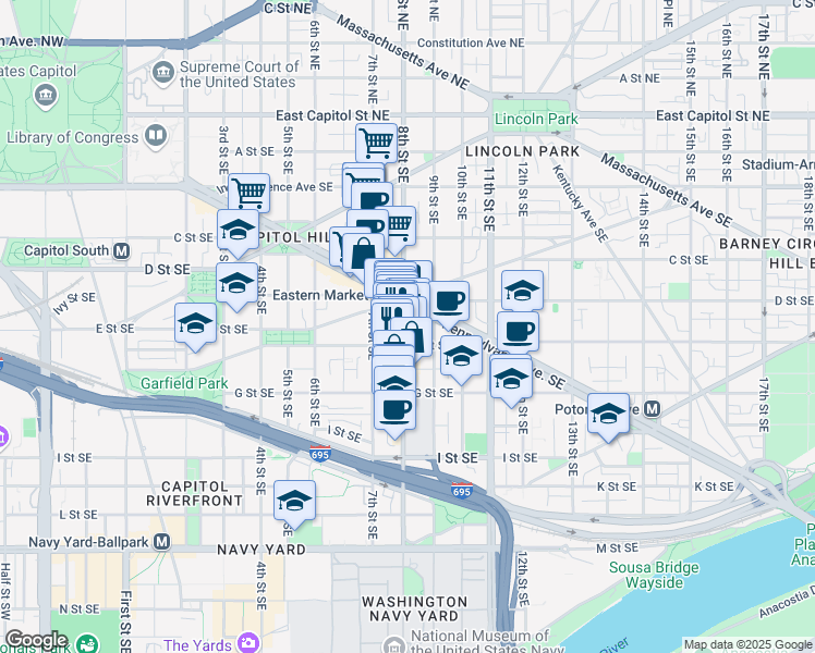map of restaurants, bars, coffee shops, grocery stores, and more near 101 Independence Avenue Southeast in Washington