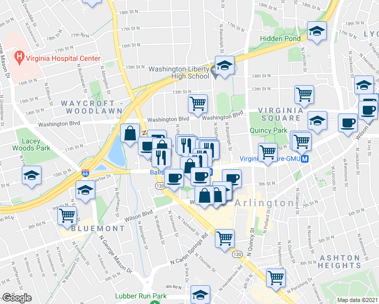 map of restaurants, bars, coffee shops, grocery stores, and more near 1045 North Utah Street in Arlington