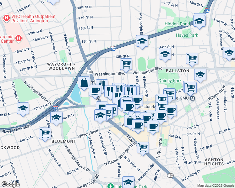 map of restaurants, bars, coffee shops, grocery stores, and more near 1045 North Utah Street in Arlington