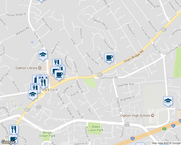 map of restaurants, bars, coffee shops, grocery stores, and more near 2862 Hill Road in Vienna