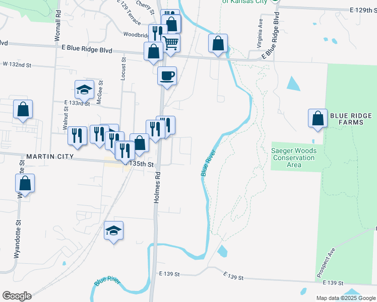 map of restaurants, bars, coffee shops, grocery stores, and more near 13410 Charlotte Street in Kansas City