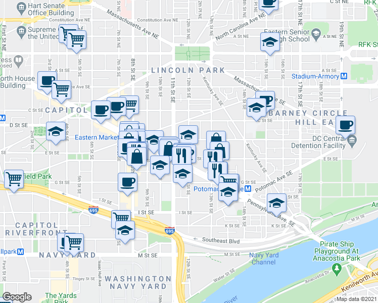 map of restaurants, bars, coffee shops, grocery stores, and more near 460-476 12th Street Southeast in Washington