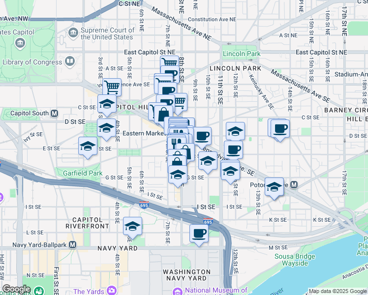 map of restaurants, bars, coffee shops, grocery stores, and more near 414 8th Street Southeast in Washington