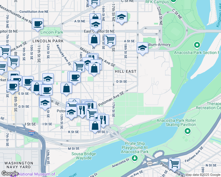 map of restaurants, bars, coffee shops, grocery stores, and more near 445 17th Street Southeast in Washington