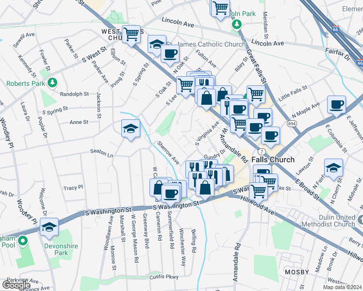 map of restaurants, bars, coffee shops, grocery stores, and more near 439 Hampton Court in Falls Church