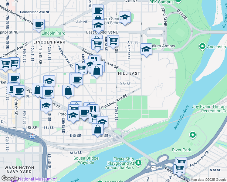 map of restaurants, bars, coffee shops, grocery stores, and more near 445 17th Street Southeast in Washington