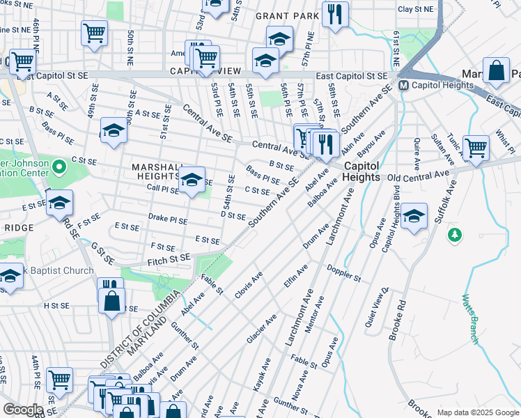 map of restaurants, bars, coffee shops, grocery stores, and more near 5519 Call Place Southeast in Washington