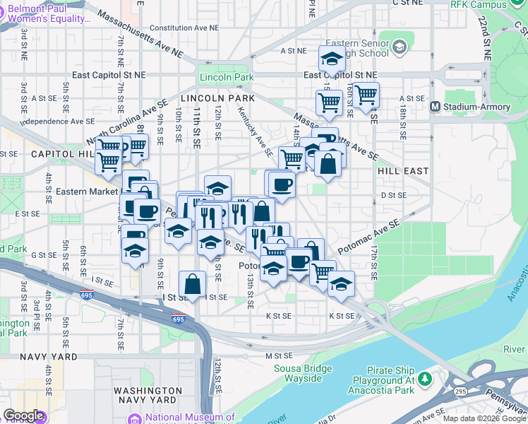 map of restaurants, bars, coffee shops, grocery stores, and more near 101 Independence Avenue Southeast in Washington