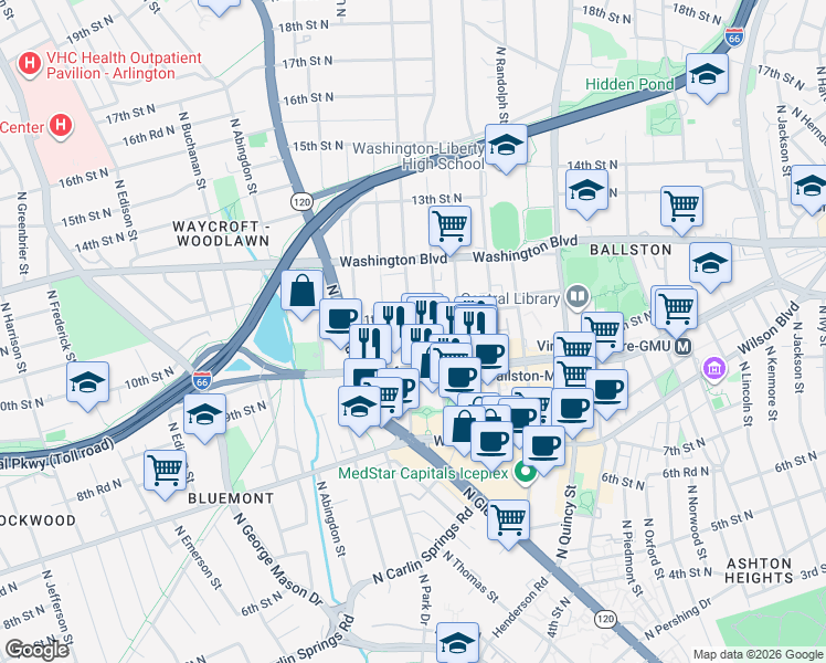 map of restaurants, bars, coffee shops, grocery stores, and more near 1045 N Utah St in Arlington