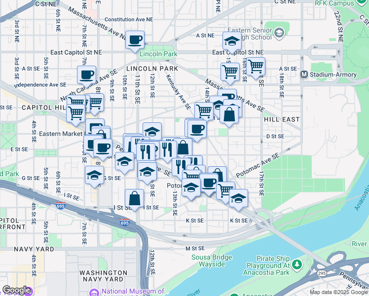 map of restaurants, bars, coffee shops, grocery stores, and more near 1324 E Street Southeast in Washington