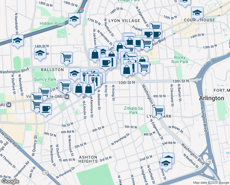 map of restaurants, bars, coffee shops, grocery stores, and more near 909 North Irving Street in Arlington
