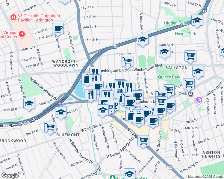 map of restaurants, bars, coffee shops, grocery stores, and more near 1031 North Vermont Street in Arlington