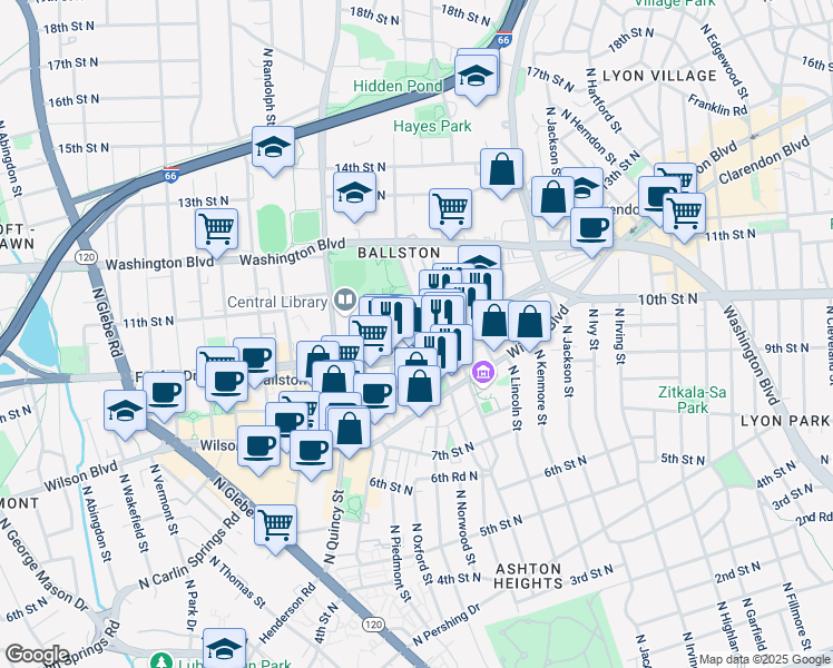 map of restaurants, bars, coffee shops, grocery stores, and more near 3701 Fairfax Drive in Arlington