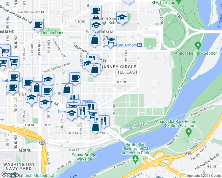 map of restaurants, bars, coffee shops, grocery stores, and more near 443 17th Street Southeast in Washington
