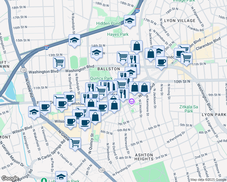map of restaurants, bars, coffee shops, grocery stores, and more near 3701 North Fairfax Drive in Arlington