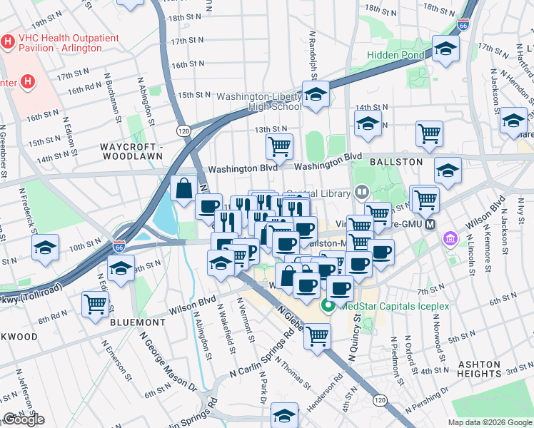 map of restaurants, bars, coffee shops, grocery stores, and more near 1050 North Taylor Street in Arlington