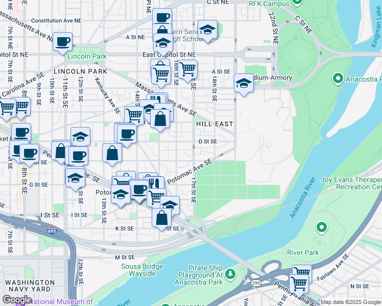 map of restaurants, bars, coffee shops, grocery stores, and more near 443 17th Street Southeast in Washington
