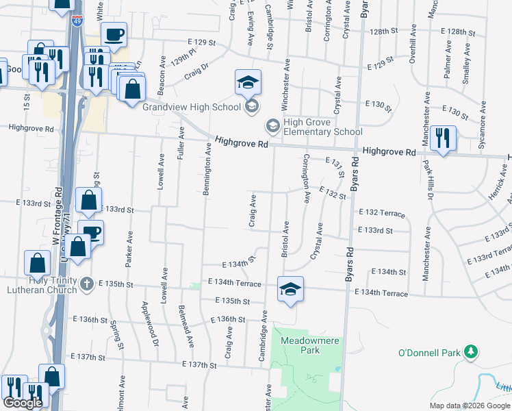 map of restaurants, bars, coffee shops, grocery stores, and more near 13207 Craig Avenue in Grandview