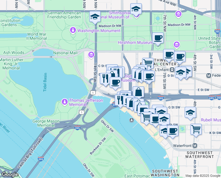 map of restaurants, bars, coffee shops, grocery stores, and more near 1280 Maryland Avenue Southwest in Washington