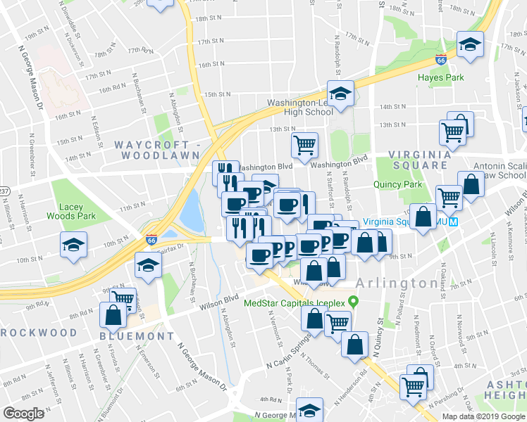 map of restaurants, bars, coffee shops, grocery stores, and more near 1005 North Vermont Street in Arlington