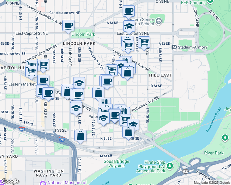 map of restaurants, bars, coffee shops, grocery stores, and more near 407 Kentucky Avenue Southeast in Washington