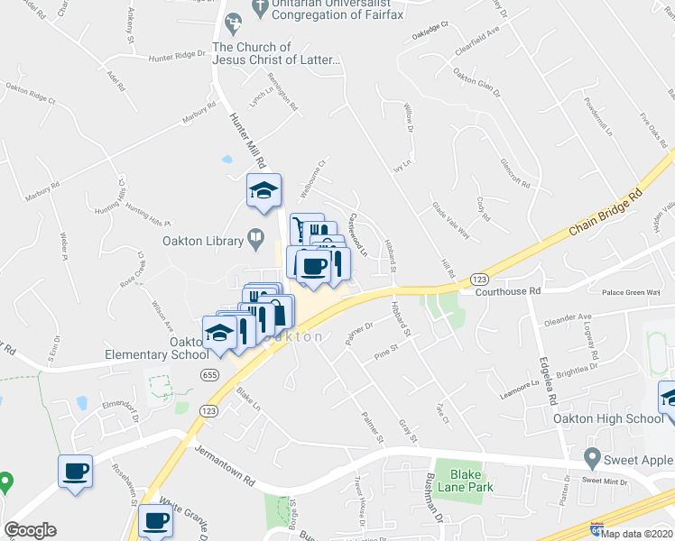 map of restaurants, bars, coffee shops, grocery stores, and more near 2818 Oakton Manor Court in Oakton