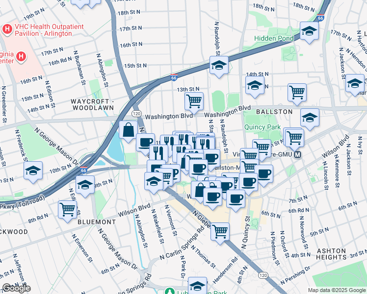map of restaurants, bars, coffee shops, grocery stores, and more near 1050 North Taylor Street in Arlington