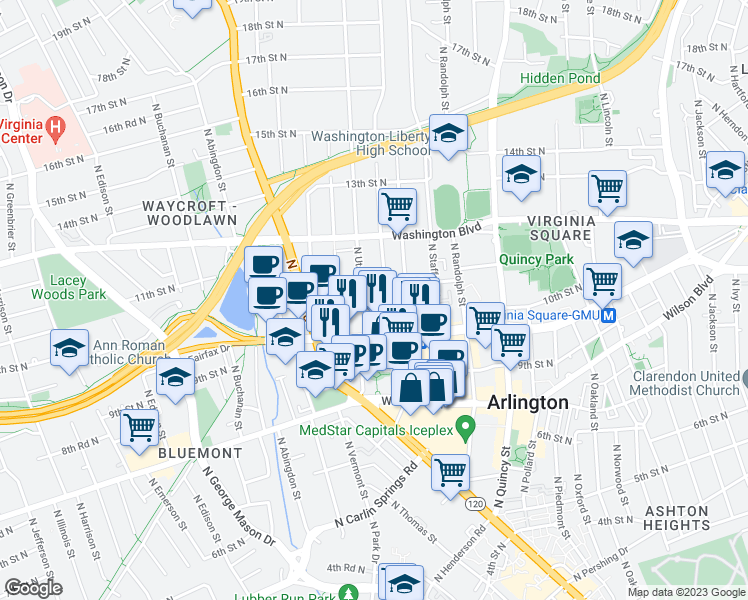 map of restaurants, bars, coffee shops, grocery stores, and more near 1045 North Utah Street in Arlington