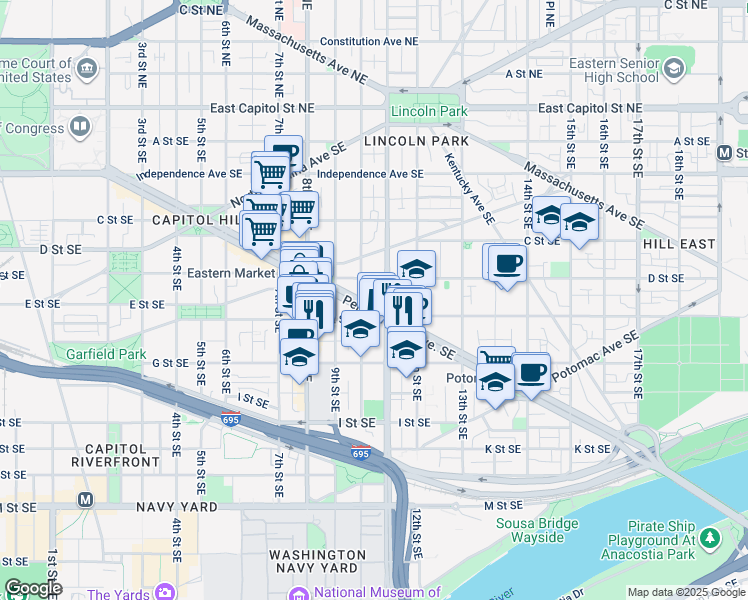 map of restaurants, bars, coffee shops, grocery stores, and more near 101 Independence Avenue Southeast in Washington