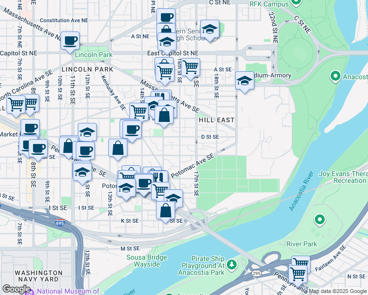 map of restaurants, bars, coffee shops, grocery stores, and more near 420 16th Street Southeast in Washington